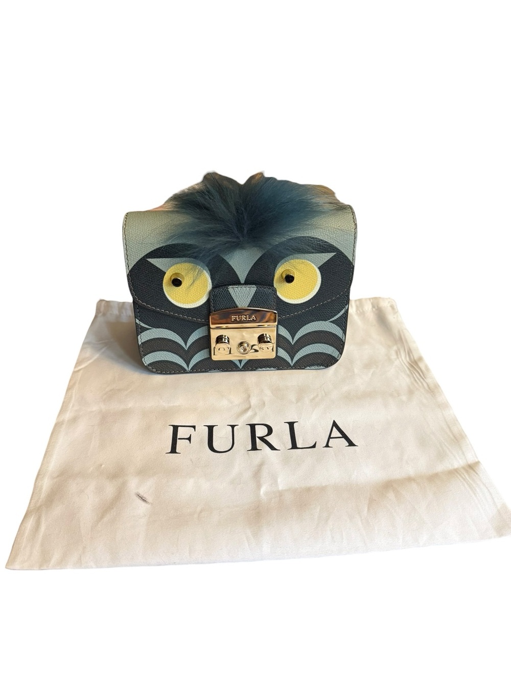 Furla Metropolis Rare Crossbody Toni Blue Leather Small Furry Owl Bag
